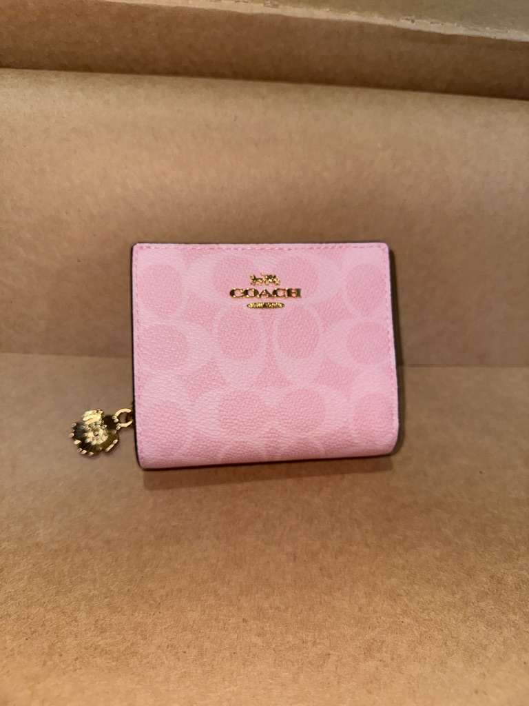 Coach Light Pink Signature Small Wallet With Gold Charm